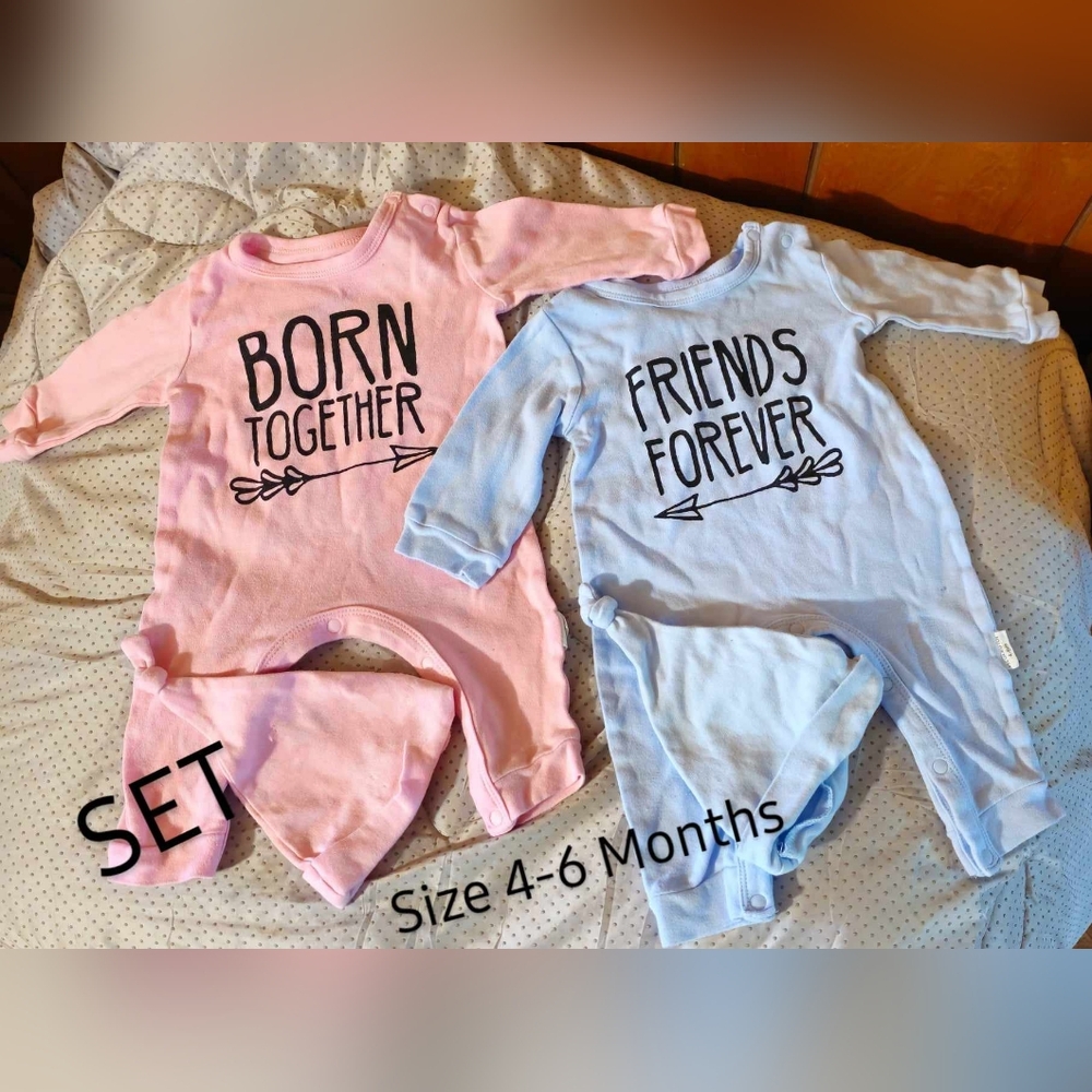 Like New Set of Baby TWIN Romper Outfits with Hats
